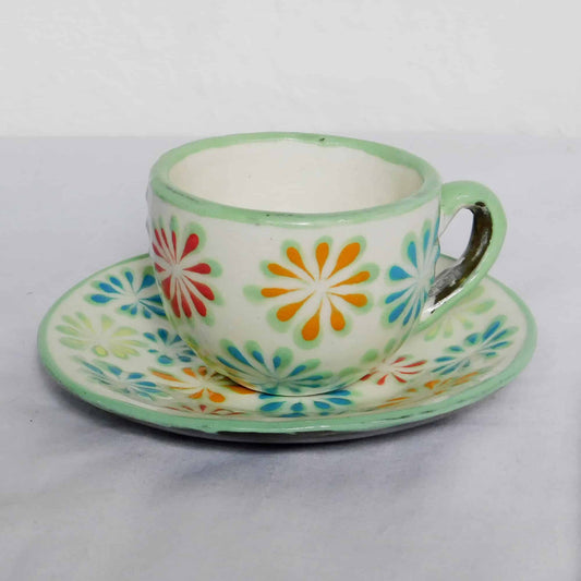 Set taza y plato para té - diseño flores verdes