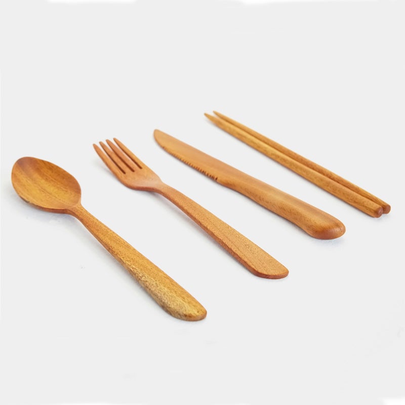 Juego de cubiertos reutilizables de madera de cedro, Incluye un tenedor, una cuchara, un cuchillo y dos palillos