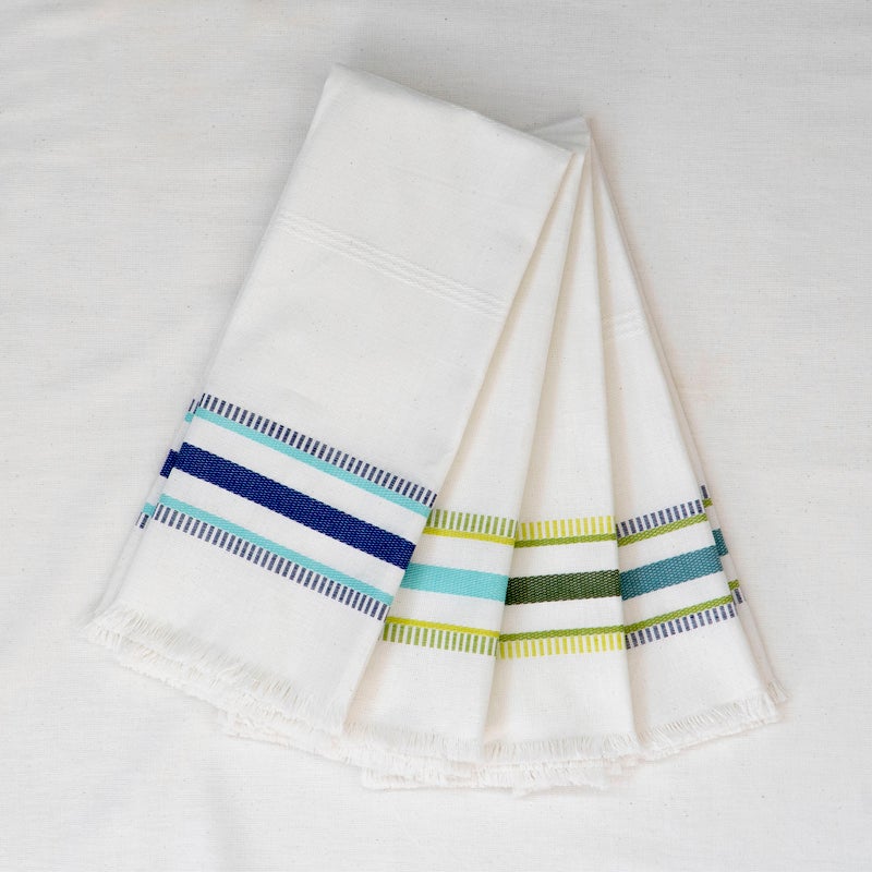 four kitchen towels with embroidered stripes