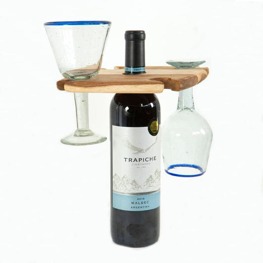 porta vino de madera para llevar una botella y cuatro copas de vino